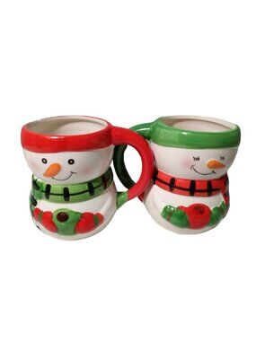 Bay Island Snowman Coffee Cup Hot Cocoa 2 Mug Set Ceramic 4" Christmas Vtg READ